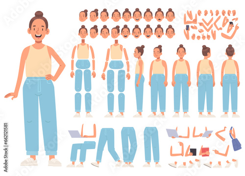 Woman character constructor. A set of positions and views of the body, arms and legs, emotions for animation. Vector illustration