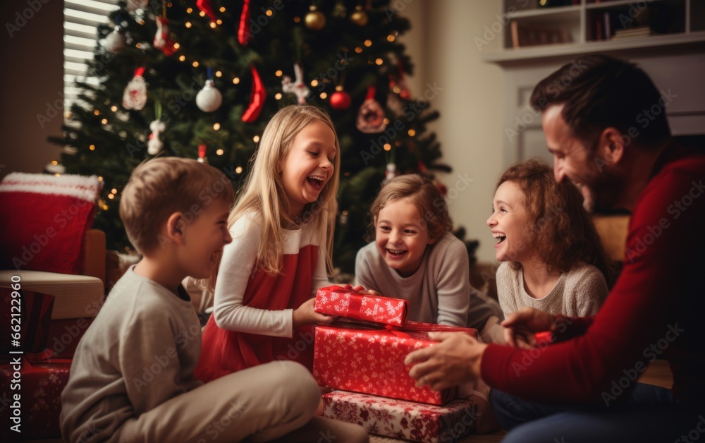 Family celebrating Christmas together, sharing laughter and joy as they exchange gifts.