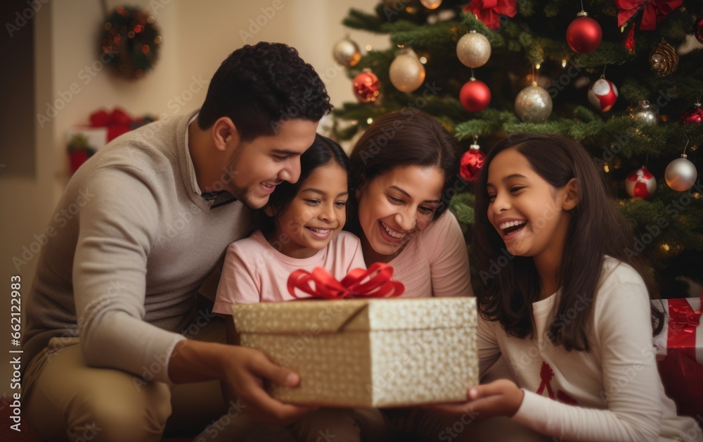 Family celebrating Christmas together, sharing laughter and joy as they exchange gifts. Family celebrating Christmas together, sharing laughter and joy as they exchange gifts.
