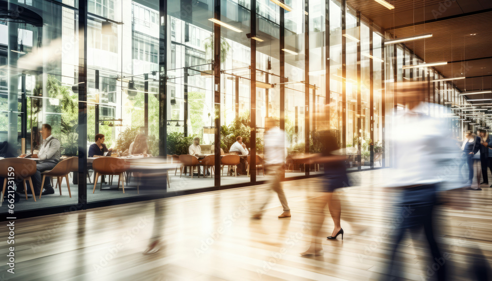 modern office space where Bright business workplace with people in walking in blurred motion,banner