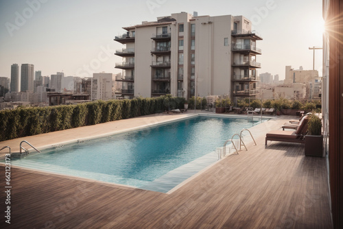 an amazing view of a swimming pool on a rooftop apartment surrounded by buildings