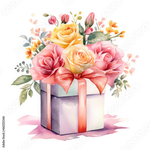 Birthday gift box and rose Illustration, Generative Ai
