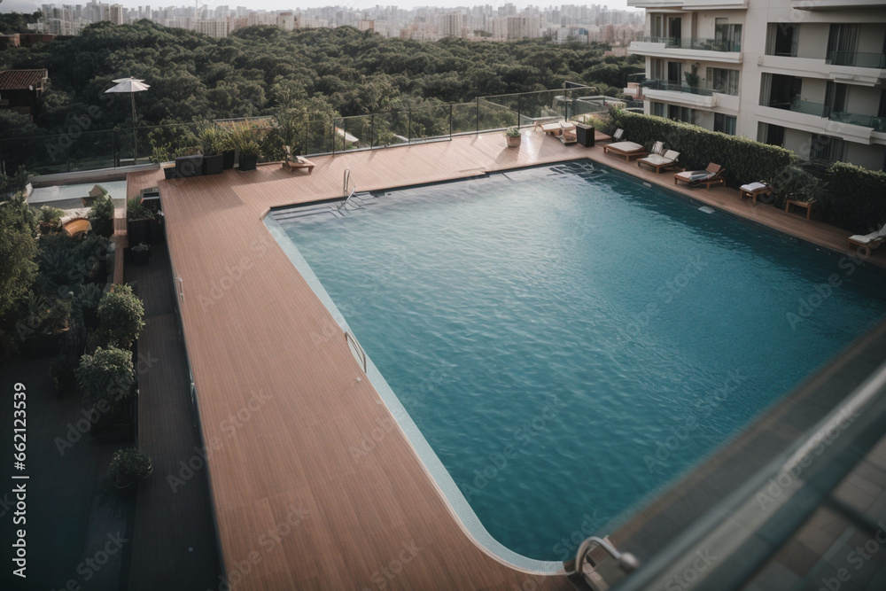 an amazing view of a swimming pool on a rooftop apartment surrounded by buildings
