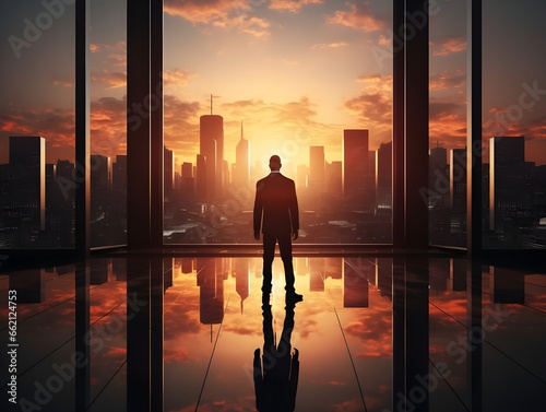 businessman standing in front of glass building at sunset