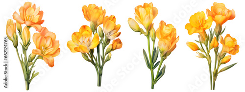 set of beautiful freesia flowers, isolated over a transparent background, cut-out floral, perfume / essential oil, romantic wildflower or garden design elements PNG collection