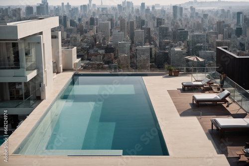 an amazing view of a swimming pool on a rooftop apartment surrounded by buildings © digitalsync