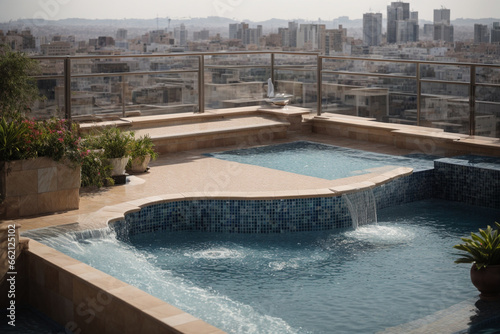 an amazing view of a swimming pool on a rooftop apartment surrounded by buildings