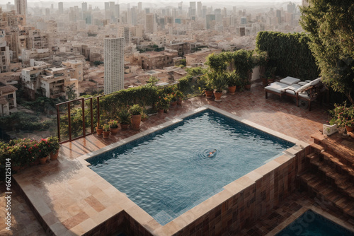 an amazing view of a swimming pool on a rooftop apartment surrounded by buildings © digitalsync