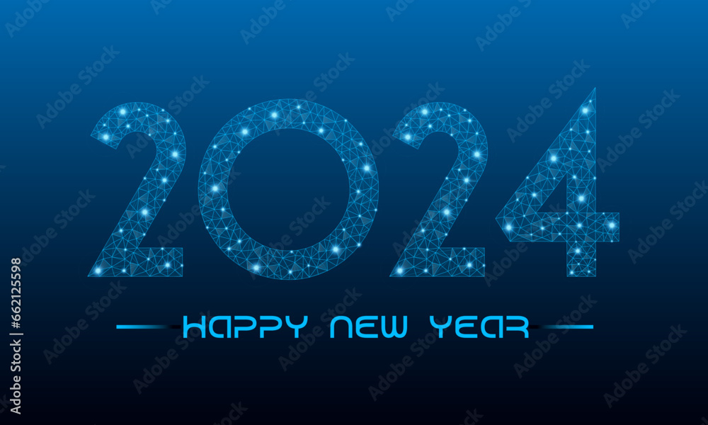 Happy new year 2024. Holiday concept for banner with low poly wireframe with futuristic glowing polygonal style. Polygonal wireframe and low poly vector illustration on dark blue background. Happy new year 2024. Holiday concept for banner with low poly wireframe with futuristic glowing polygonal style. Polygonal wireframe and low poly vector illustration on dark blue background.