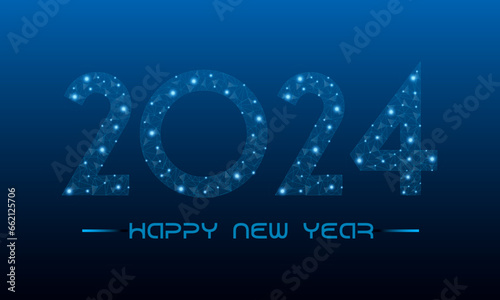 Happy new year 2024. Holiday concept for banner with low poly wireframe with futuristic glowing polygonal style. Polygonal wireframe and low poly vector illustration on dark blue background.