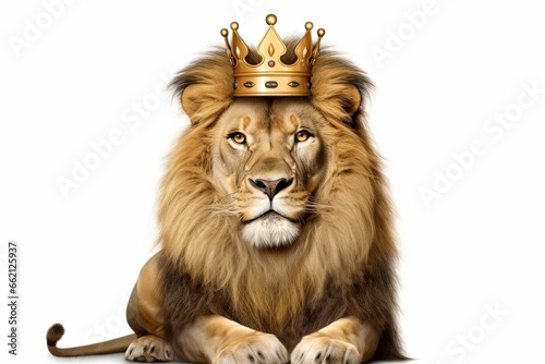 king lion wearing a crown isolated on white background