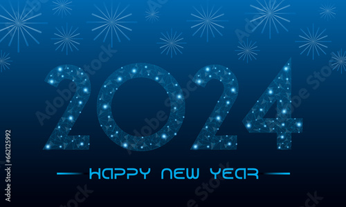 Happy new year 2024. Holiday concept for banner with low poly wireframe with futuristic glowing polygonal style. Polygonal wireframe and low poly vector illustration on dark blue background.
