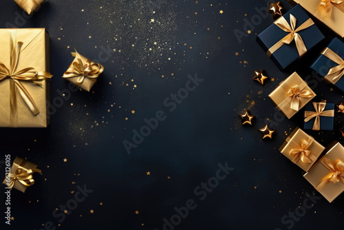 Elegant christmas card with golden gifts and large space for text on dark blue background