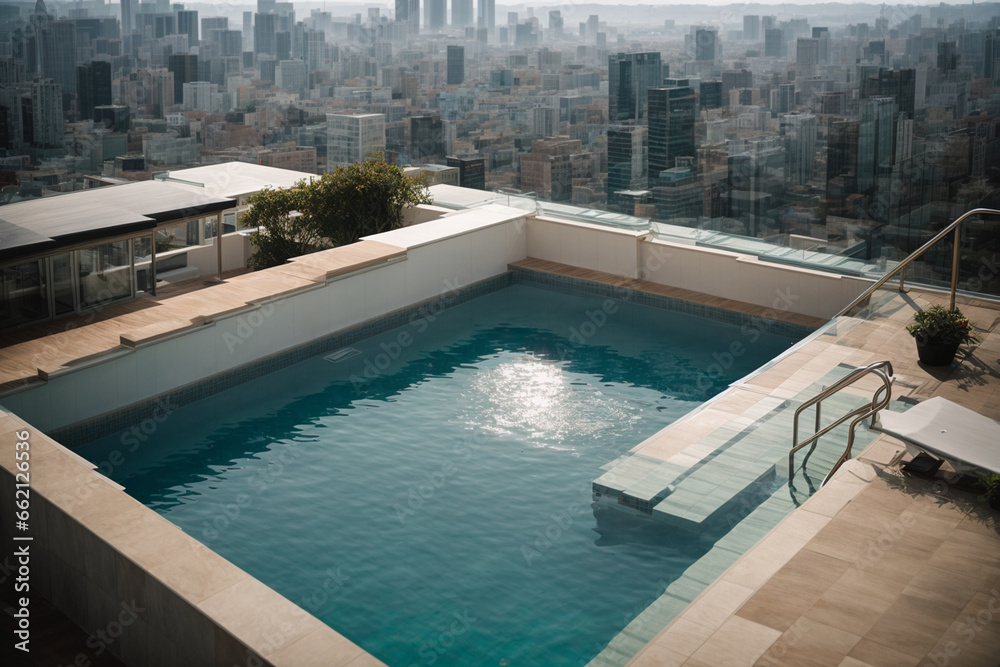 an amazing view of a swimming pool on a rooftop apartment surrounded by buildings