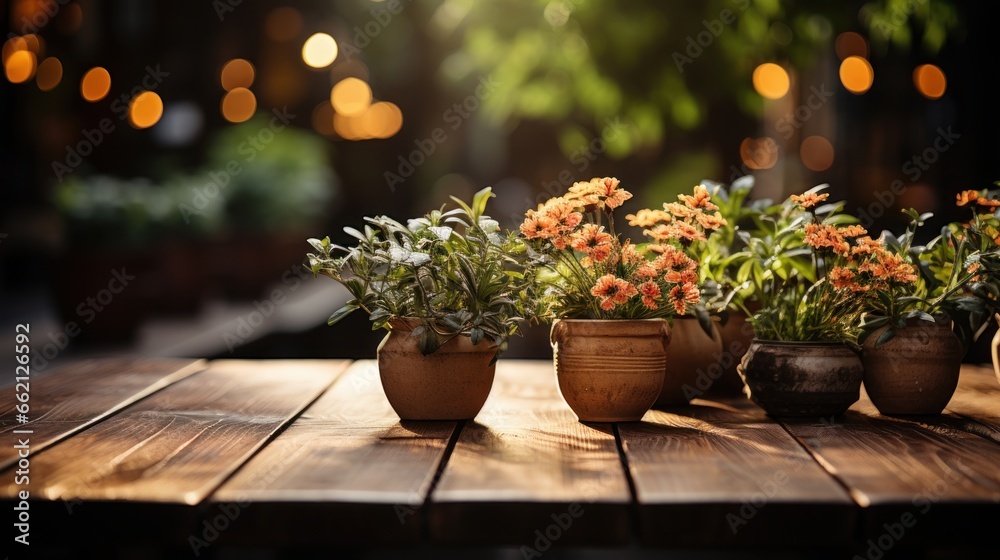 Wooden table with potted plants and Beautiful bokeh background Wooden table with potted plants and Beautiful bokeh background