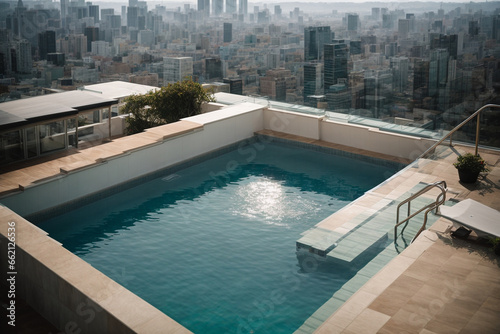 an amazing view of a swimming pool on a rooftop apartment surrounded by buildings