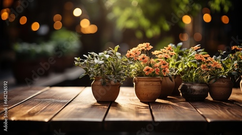 Wooden table with potted plants and Beautiful bokeh background © Chaiwiwat