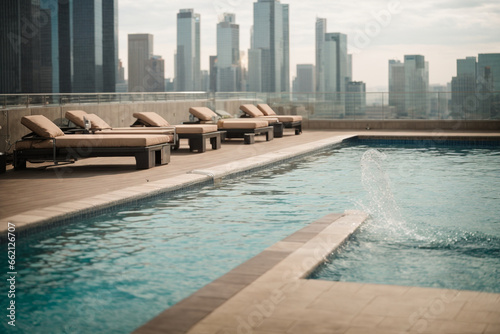 an amazing view of a swimming pool on a rooftop apartment surrounded by buildings