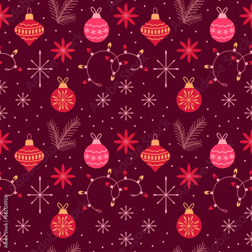 Seamless vector pattern of Christmas decorations and garlands, New Year background, wallpaper, print on textiles and wrapping paper, decorative elements.