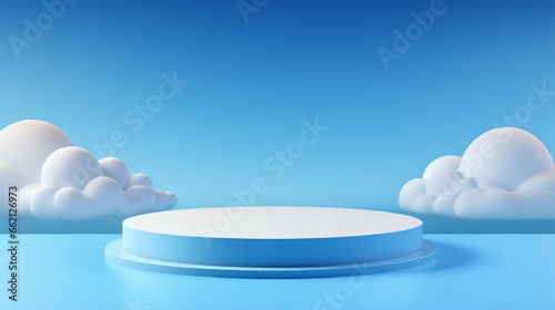 basic product display background 3d rendered geometric form sky cloud blue pastel  with a podium and a minimal cloud landscape. Using a cloud product platform  stage 3D 