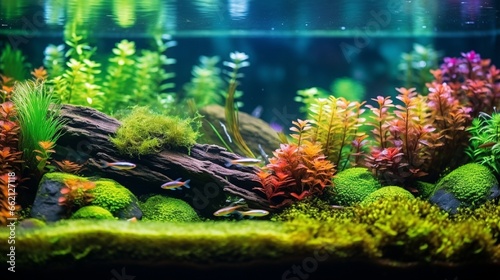 Gorgeous aquarium filled with vibrant aquatic vegetation Natural aquascape tank design discerning attention