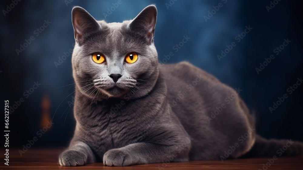 Beautiful Chartreux breed cat with his yellow golden eyes