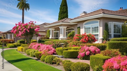 Beautiful houses with nicely landscaped front the yard in small town ornamental plants and flowers, palm trees