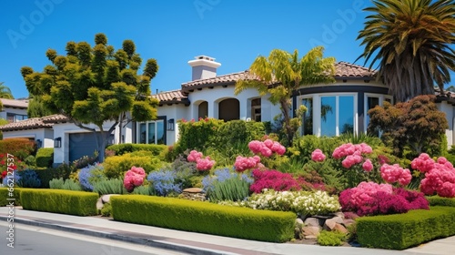 Beautiful houses with nicely landscaped front the yard in small town ornamental plants and flowers, palm trees