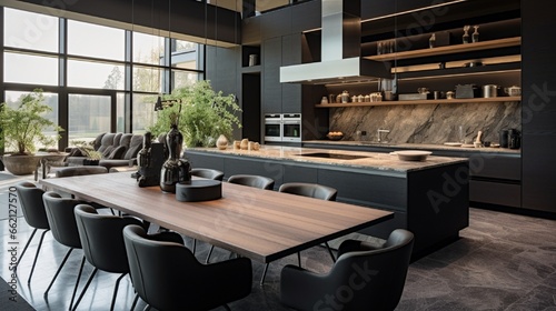 Beautiful kitchen in luxury modern home interior with island and black dining table