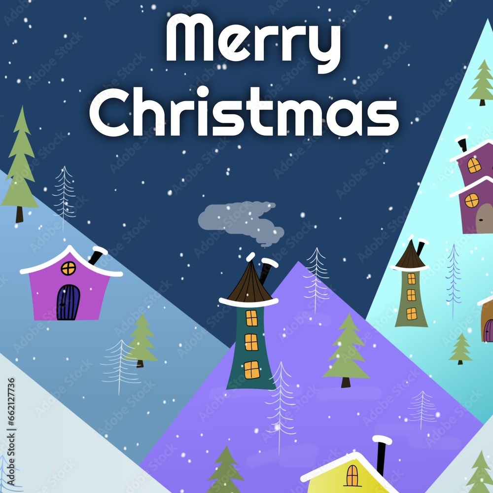 Fototapeta premium Composite of merry christmas text over winter christmas scenery