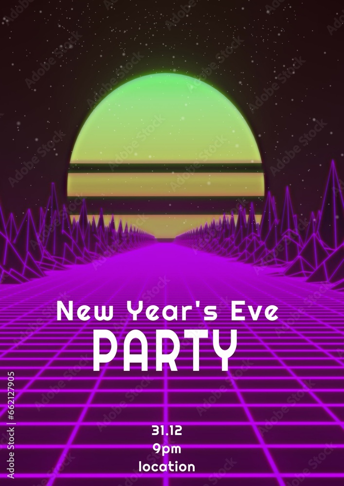 New year's eve party text with neon pattern and metaverse on black background New year's eve party text with neon pattern and metaverse on black background