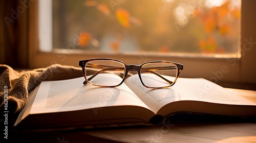 open book with glasses closeup view generated by AI tool 