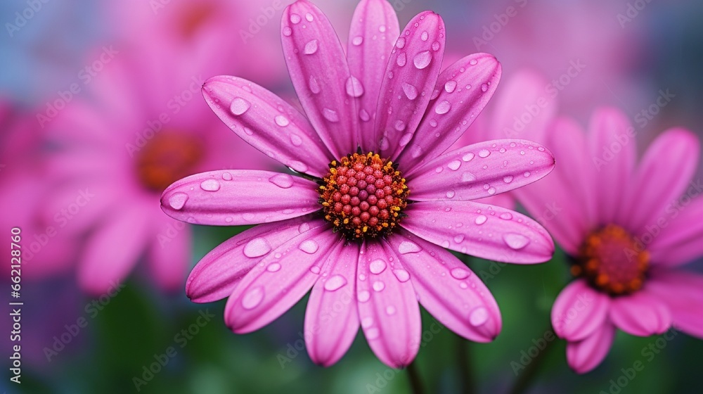 Beautiful purple pink daisy flower close up macro on green background Beautiful purple pink daisy flower close up macro on green background