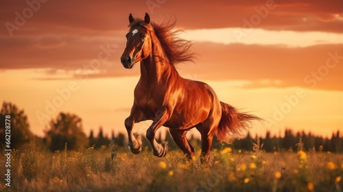 Beautiful red horse rearing up on green grass at sunset in summer
