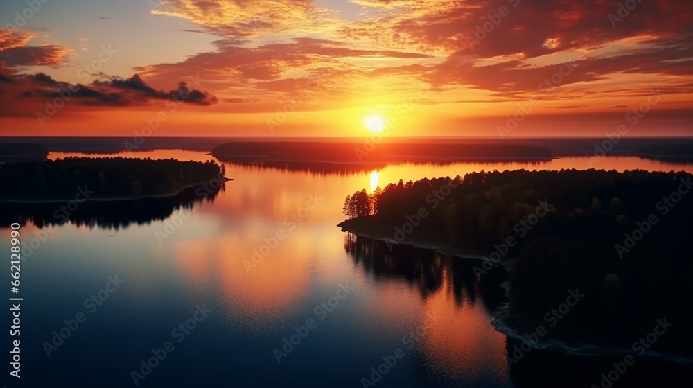 Beautiful Sunrise Sunset over Calm Lake Aerial view of lake