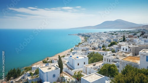 Beautiful view over of seaside and white blue village 