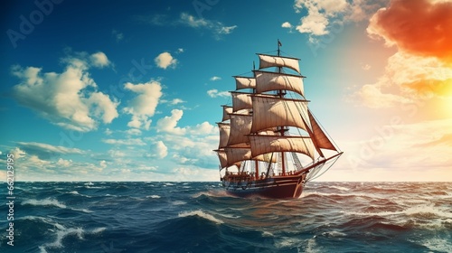 A stunning old-fashioned sailing ship glides across the water under a clear blue sky.