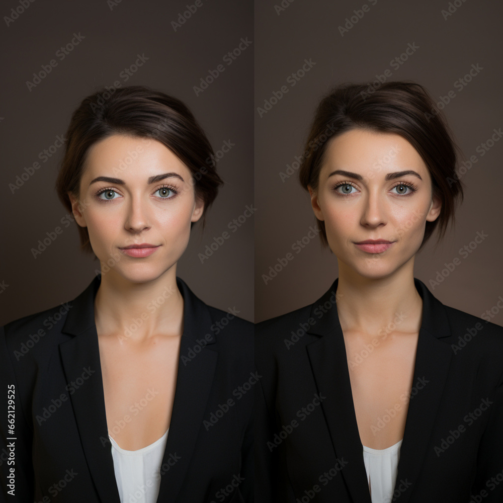 tow photos of the face of the same business woman, taken from the front and from different angles