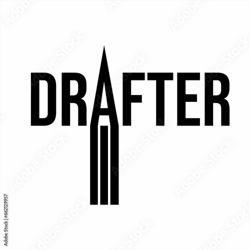 Design of the word "Drafter" with a pencil illustration of the letter A.