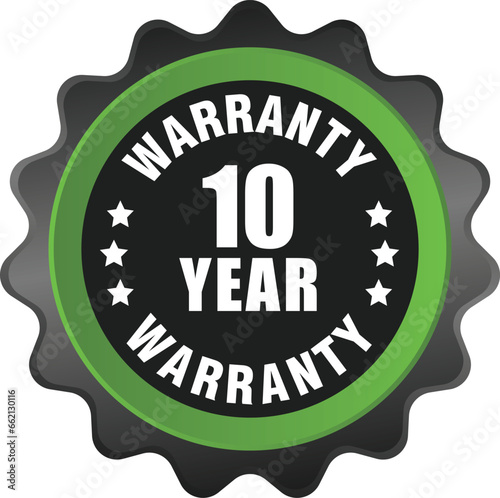  10-year warranty badge, sign, symbol, and insignia isolated on white background. Vector