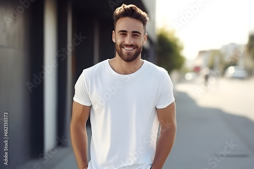 Portrait of a Happy Man with Hands in His Pockets, Wearing a White Mock-Up T-shirt