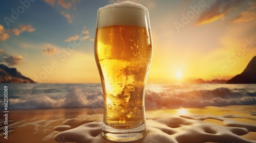 Realistic photo of a glass almost full of craft beer with foam flowing over the white glass. Spherical, curved, slender, golden-bronze color. There is a light on one side of a glass. In the morning,