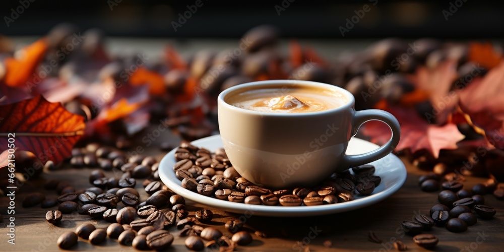 Obraz premium A Cup of Coffee with Coffee Beans Scattered on a Wooden Table