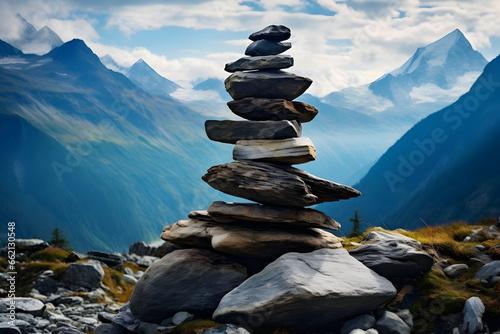 Stacked Stones Amidst the Tranquil Mountains