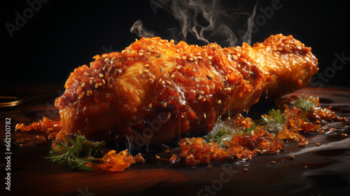Roasted chicken leg with sauce on a black background, close-up