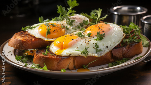 Fried eggs on toasted bread with parsley, herbs and spices.