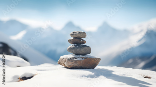 Zen stones in tibet with snow mountains