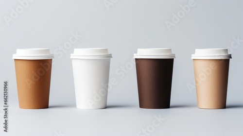 Paper coffee cups of different sizes on white background