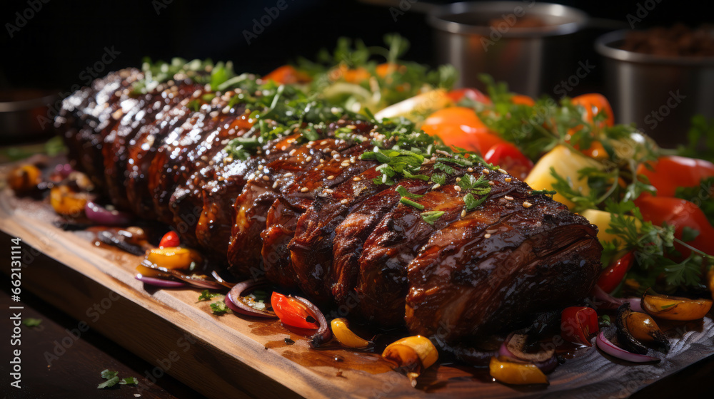 Grilled beef steak with baked potatoes and vegetables on a wooden board.