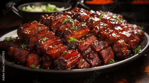 Beef ribs in teriyaki sauce with sesame and parsley.